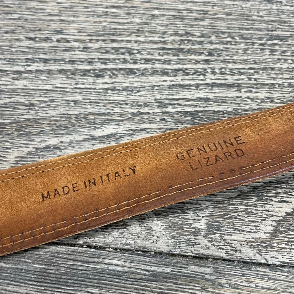 Academy Brown Leather Men's Belt. Italy. Brass like accents. Pre-owned. Lizard